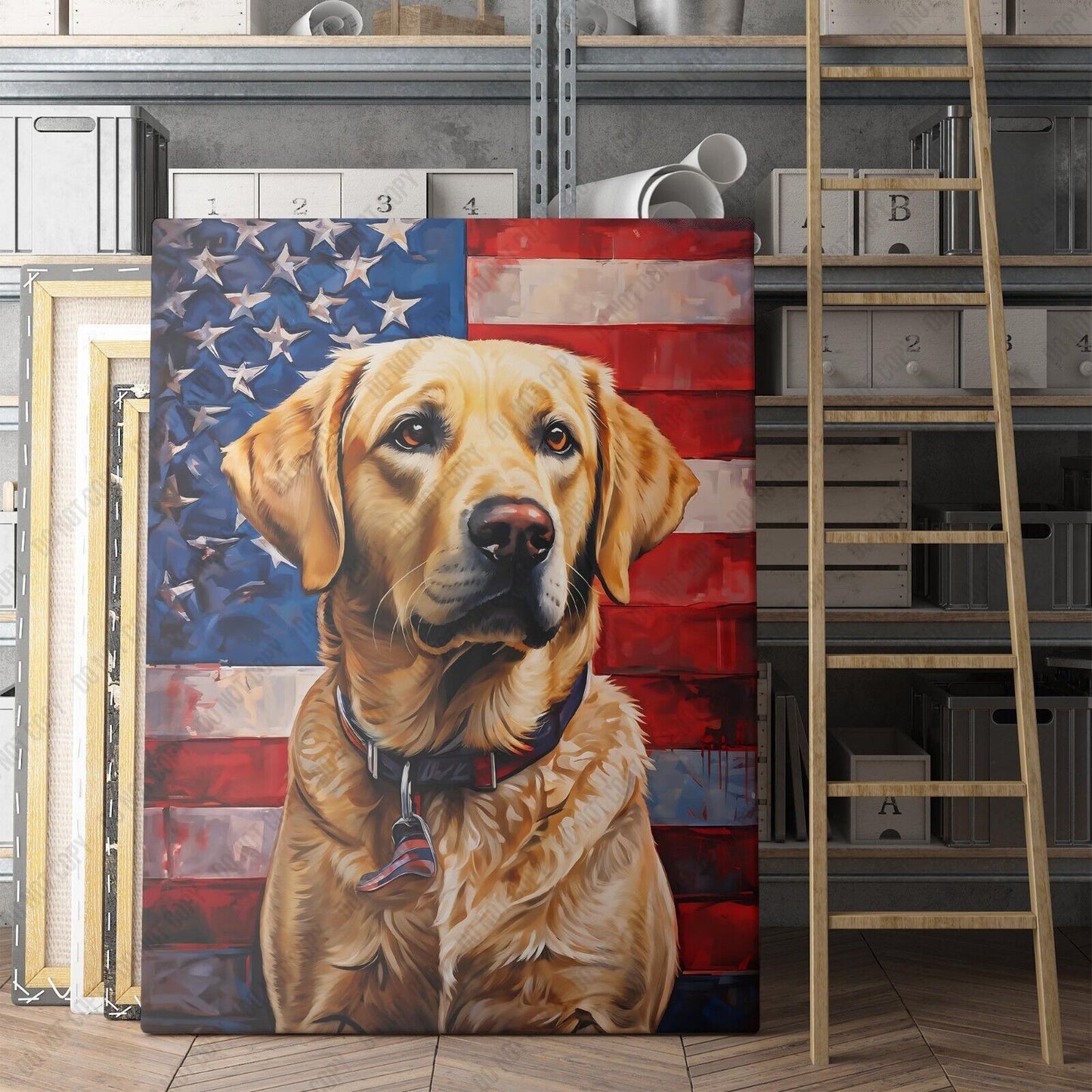 Yellow Labrador With American Flag USA Dog Print Wall Art