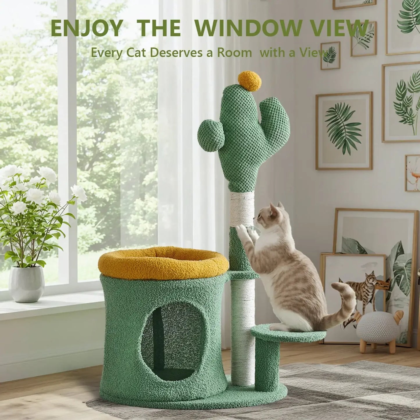 Cat Scratching Tower with Cactus