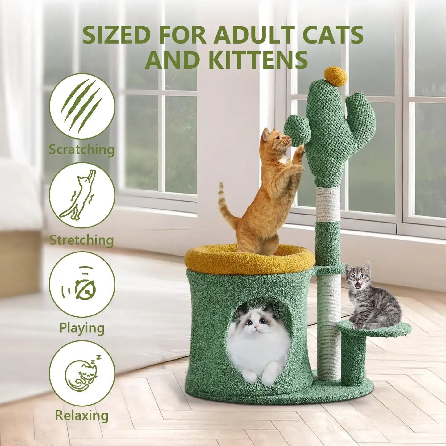 Cat Scratching Tower with Cactus