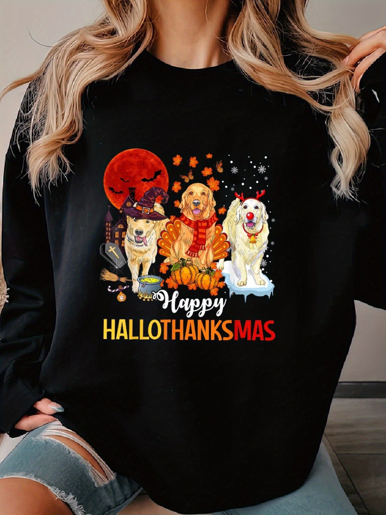 Golden Retriever Happy Hallothanksmas  Casual Long Sleeve Crew Neck Sweater