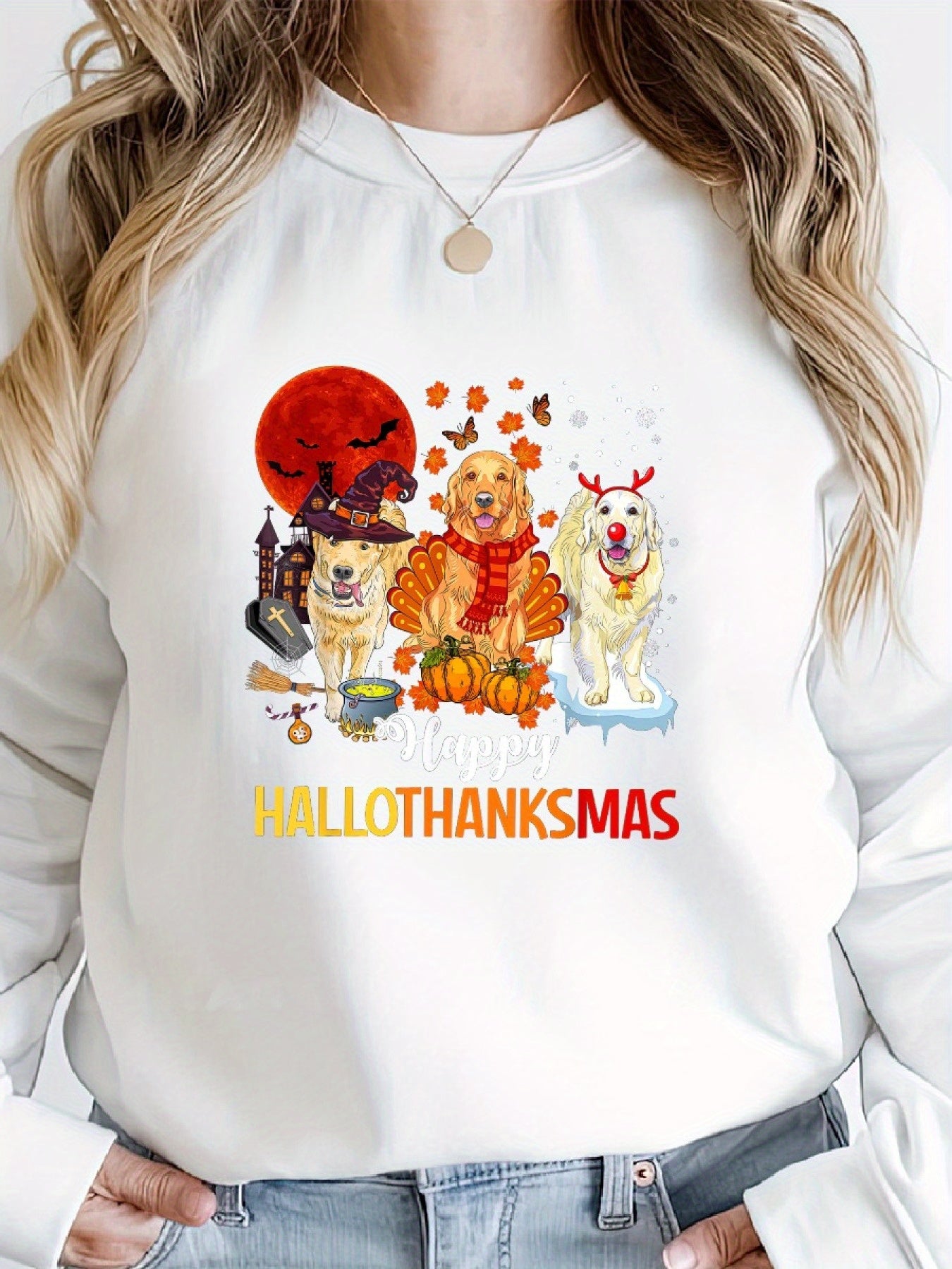 Golden Retriever Happy Hallothanksmas  Casual Long Sleeve Crew Neck Sweater