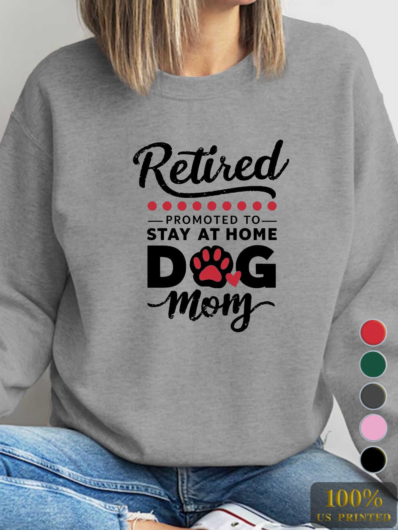 RETIRED DOG MOM Print Sweatshirt, Casual Crew Neck Long Sleeve Sweatshirt, Women's Clothing