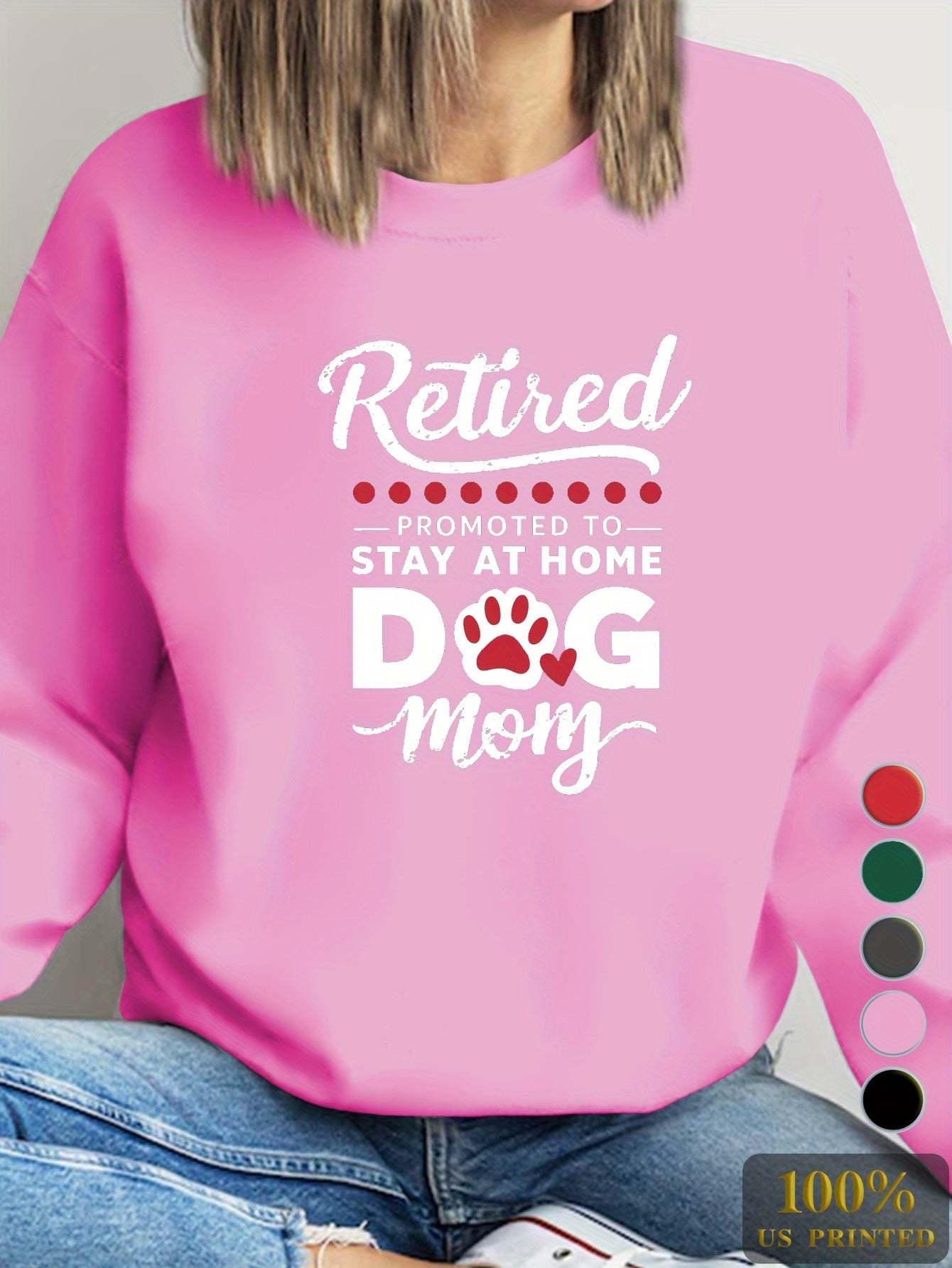 RETIRED DOG MOM Print Sweatshirt, Casual Crew Neck Long Sleeve Sweatshirt, Women's Clothing