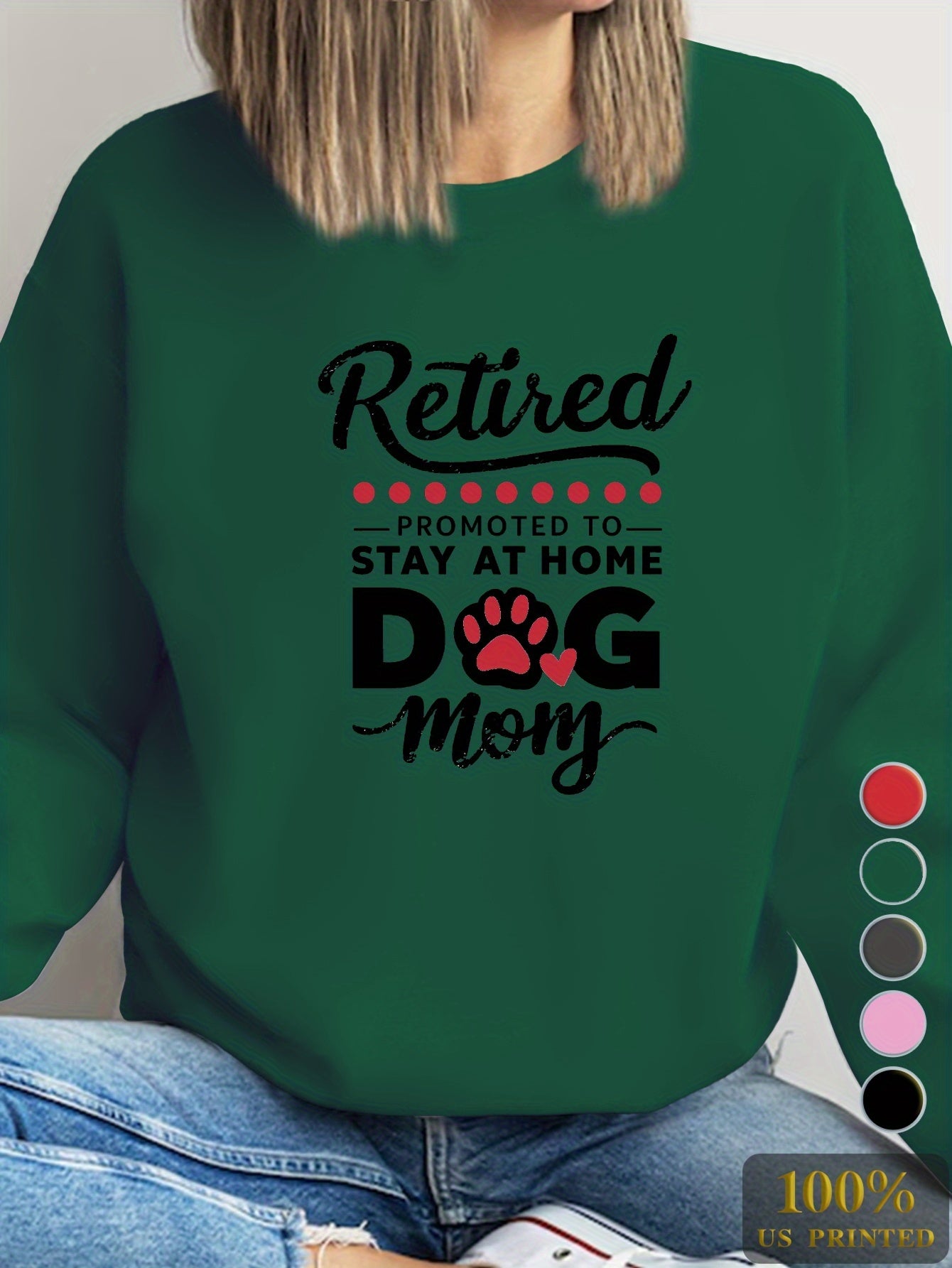 RETIRED DOG MOM Print Sweatshirt, Casual Crew Neck Long Sleeve Sweatshirt, Women's Clothing