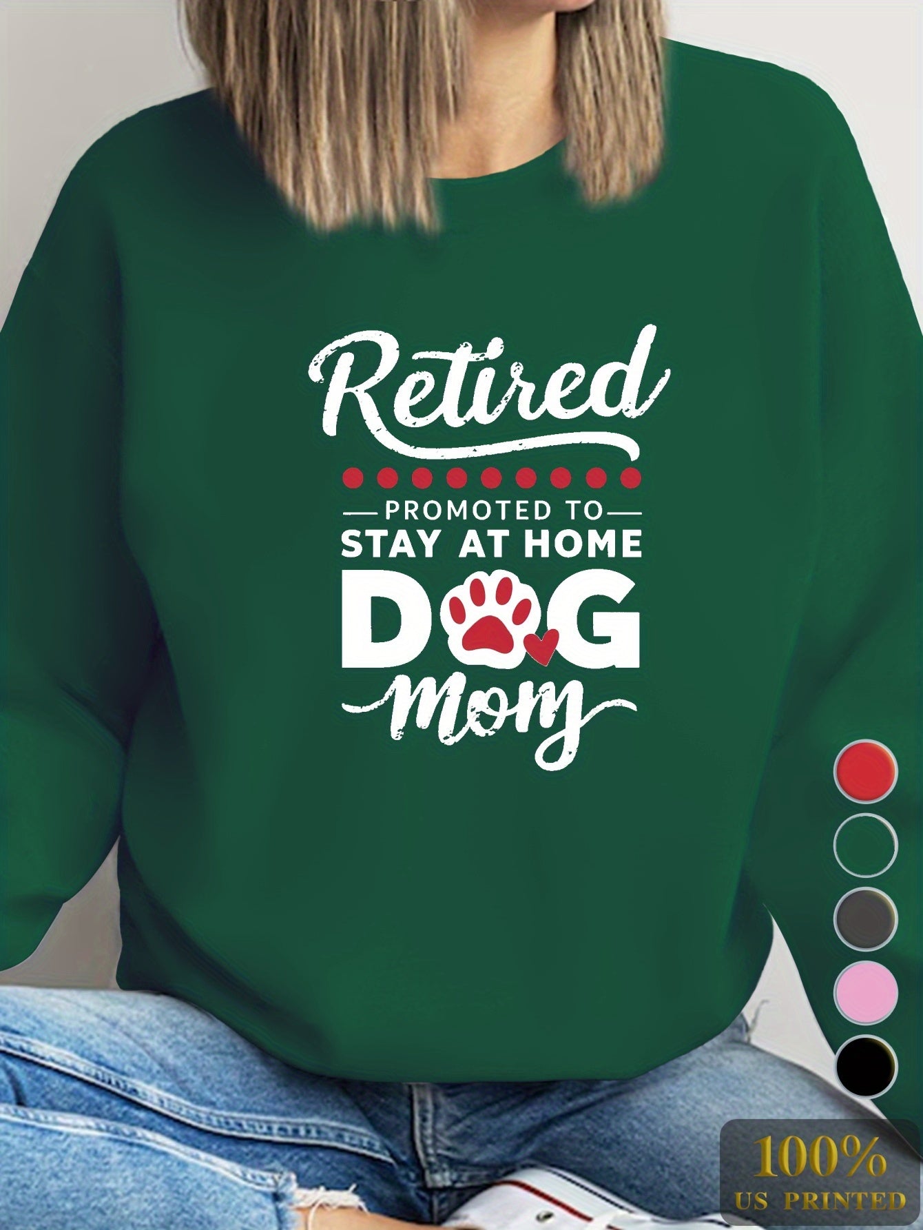 RETIRED DOG MOM Print Sweatshirt, Casual Crew Neck Long Sleeve Sweatshirt, Women's Clothing