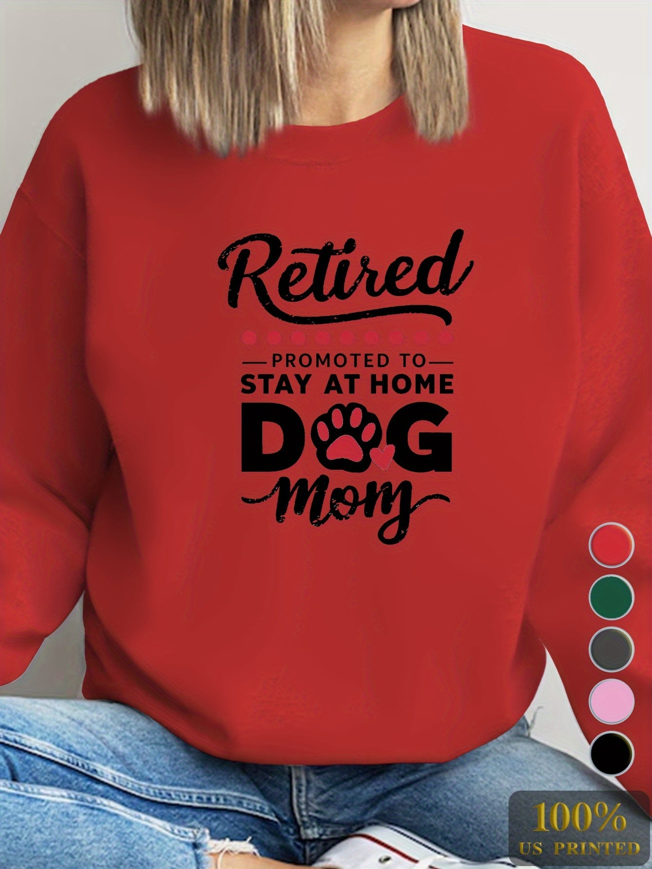 RETIRED DOG MOM Print Sweatshirt, Casual Crew Neck Long Sleeve Sweatshirt, Women's Clothing