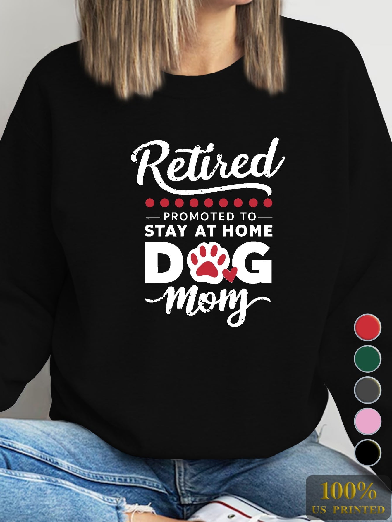 RETIRED DOG MOM Print Sweatshirt, Casual Crew Neck Long Sleeve Sweatshirt, Women's Clothing