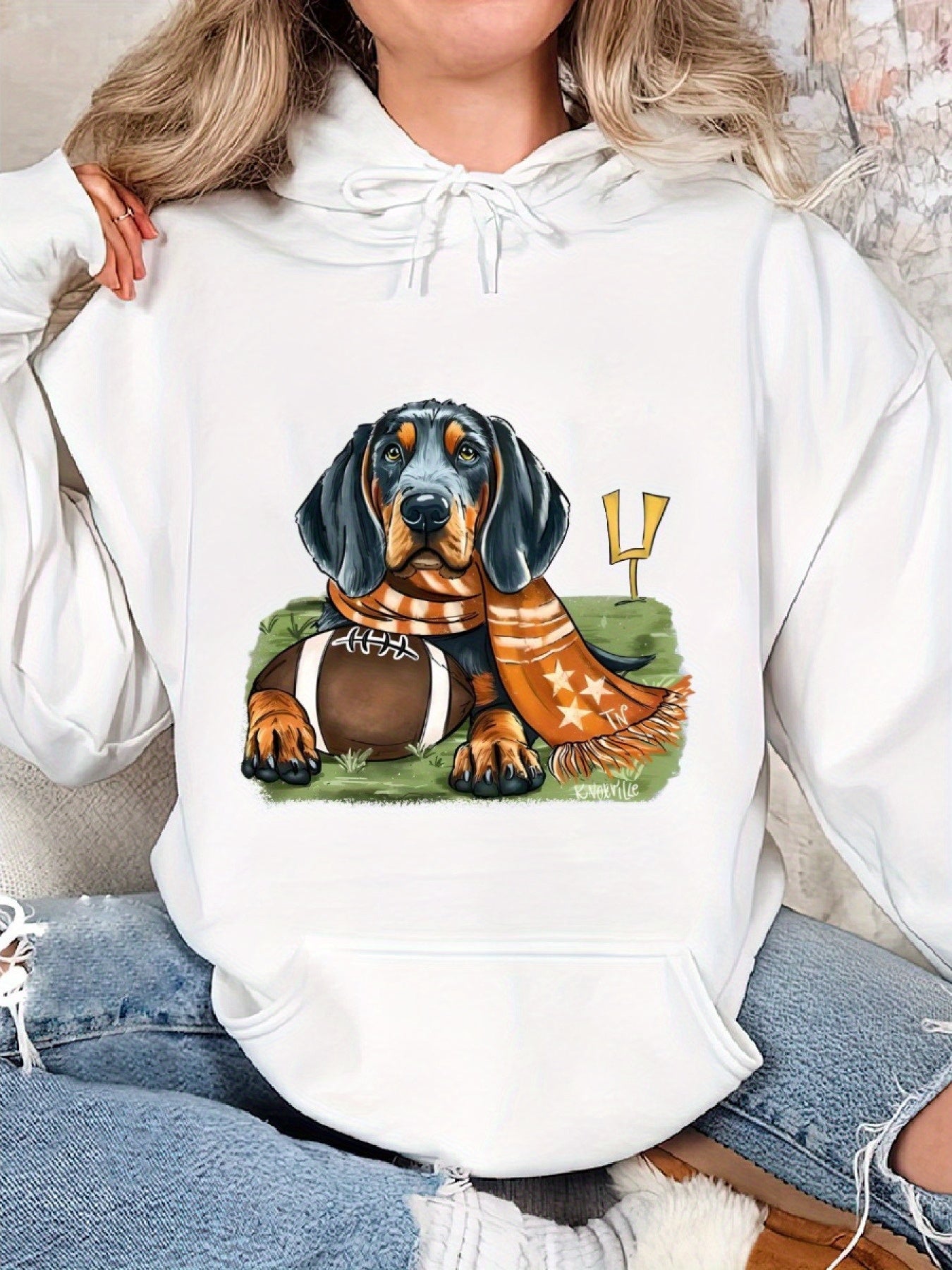 Dog & Football Print Kangaroo Pocket Hoodie