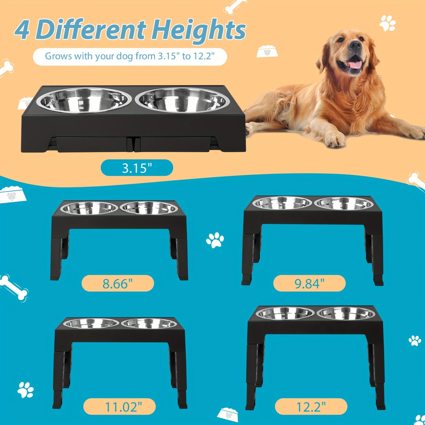 Elevated Dog Bowls with 2 Food Bowls