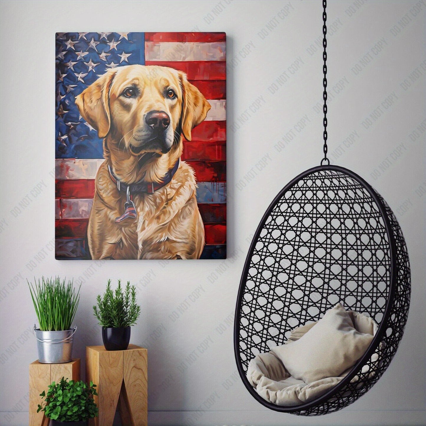 Yellow Labrador With American Flag USA Dog  Print Wall Art