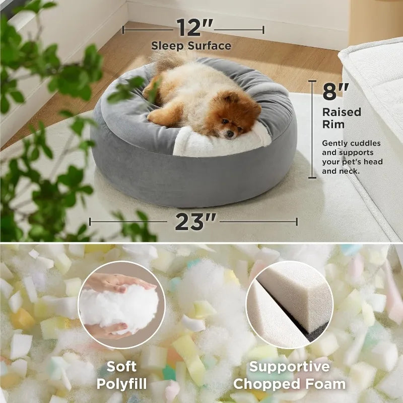 Covered Round Puppy/Cat  Bed with Hooded Blanket