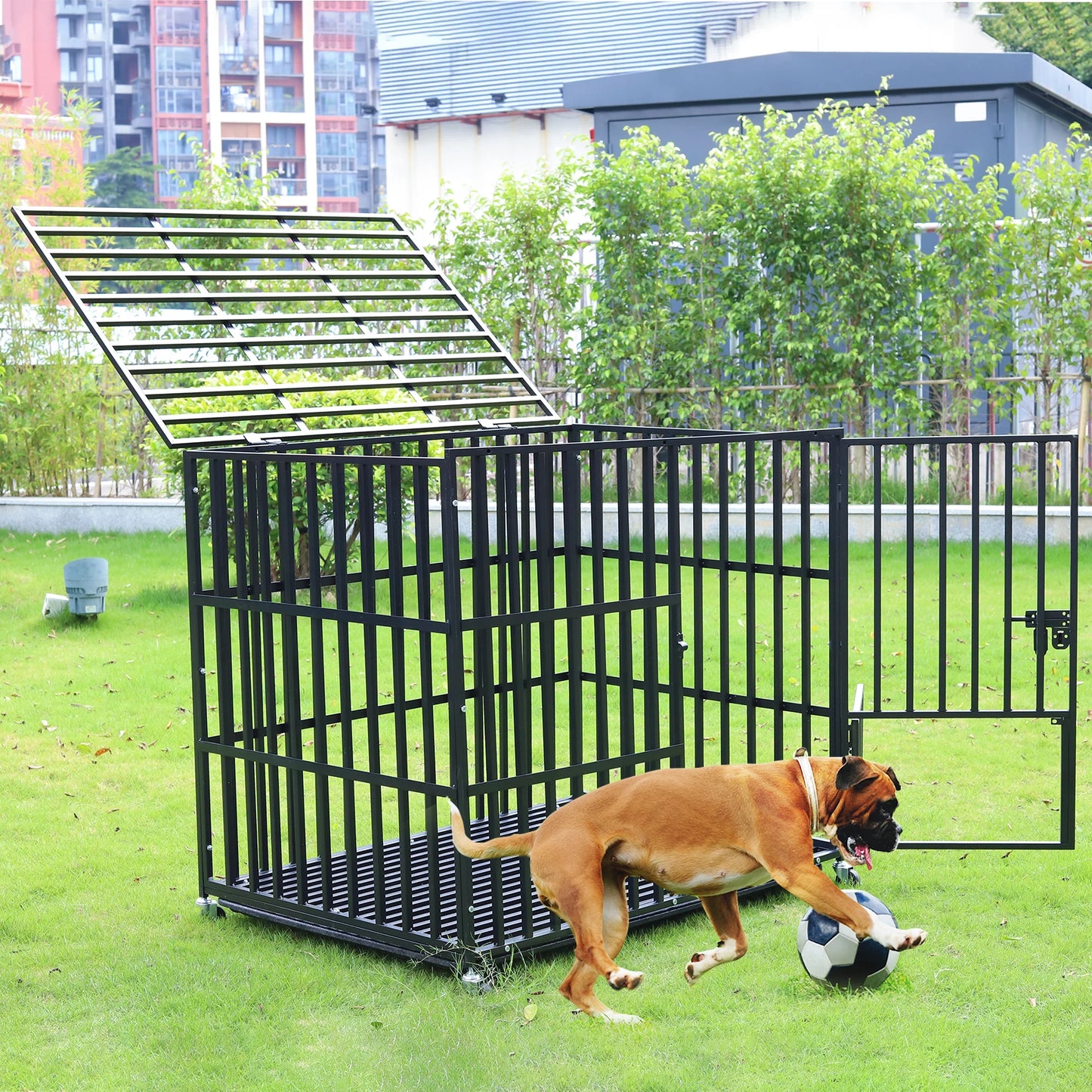 Heavy Duty Dog Crate with 4 Lockable Wheels 3 Doors and Removable Tray Metal Kennels