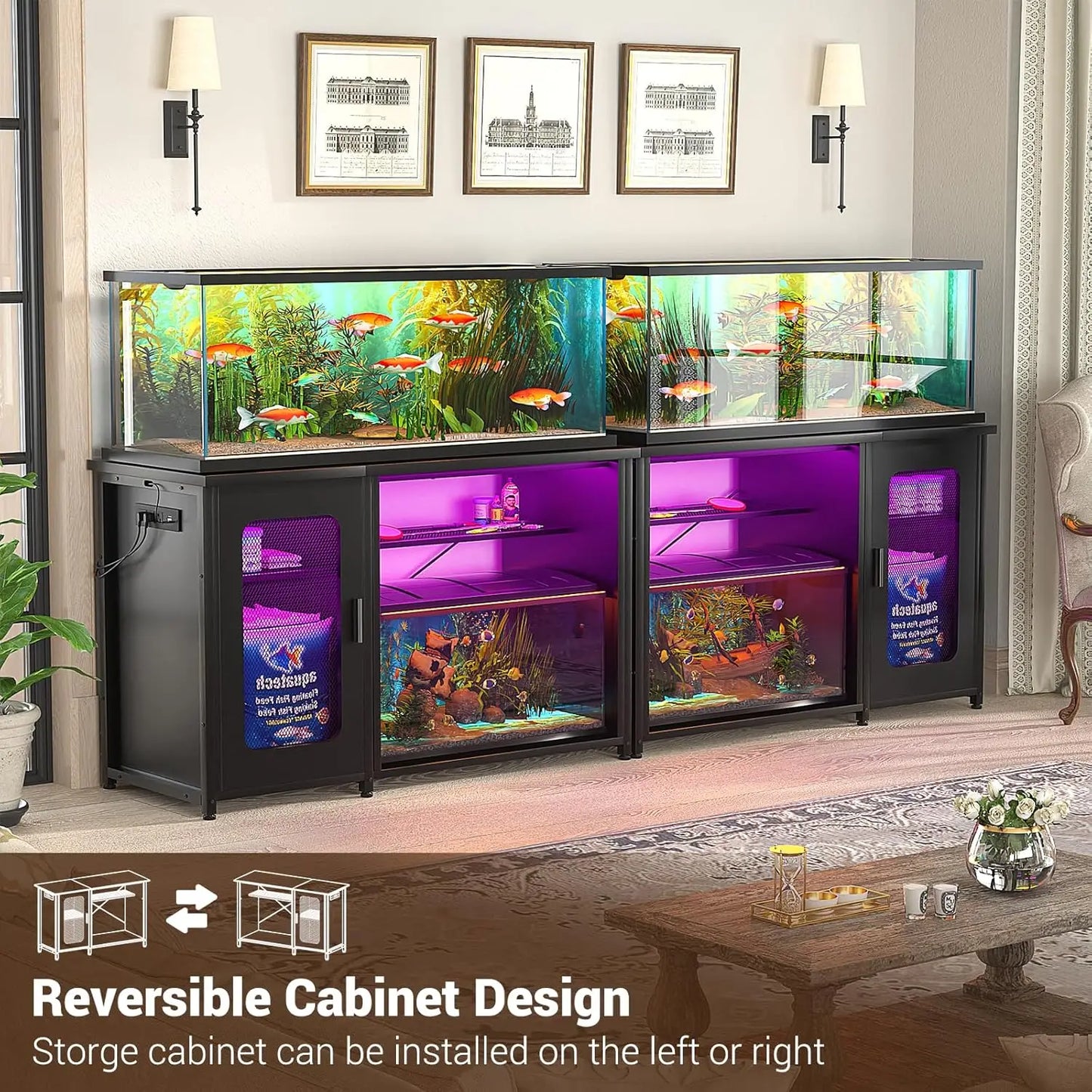 55-75 Gallon Aquarium Stand with Power Outlets & LED Light, Reversible Fish Tank Stand with Cabinet