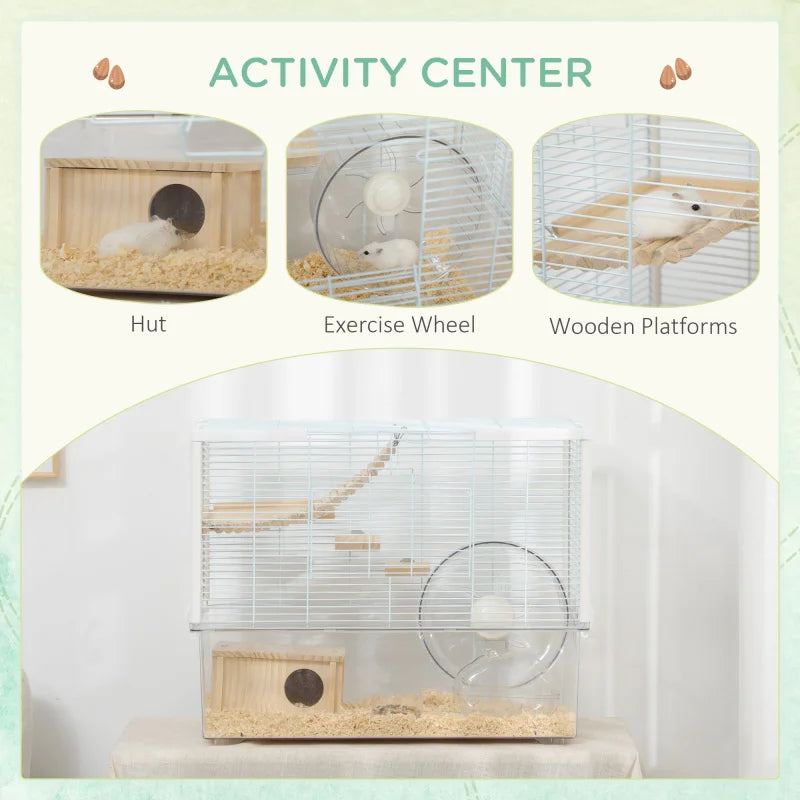 Hamster Cage, Transparent Gerbil Cage, Wooden Ramp,23.25" x 14" x 18.5", White