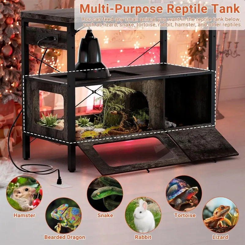 40 Gallon Tank Stand with Power Outlet & LED Light, Aquarium Stand with Reptile Tank