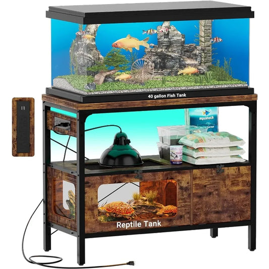 40 Gallon Tank Stand with Power Outlet & LED Light, Aquarium Stand with Reptile Tank