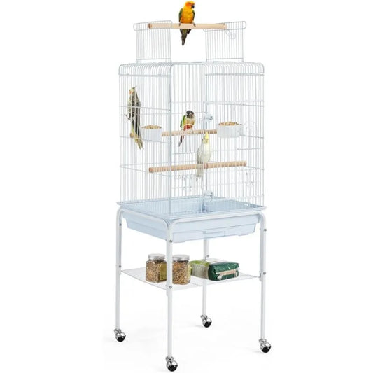 Play Open Top Parrot Bird Cages for Sun  w/Detachable Rolling Stand, White