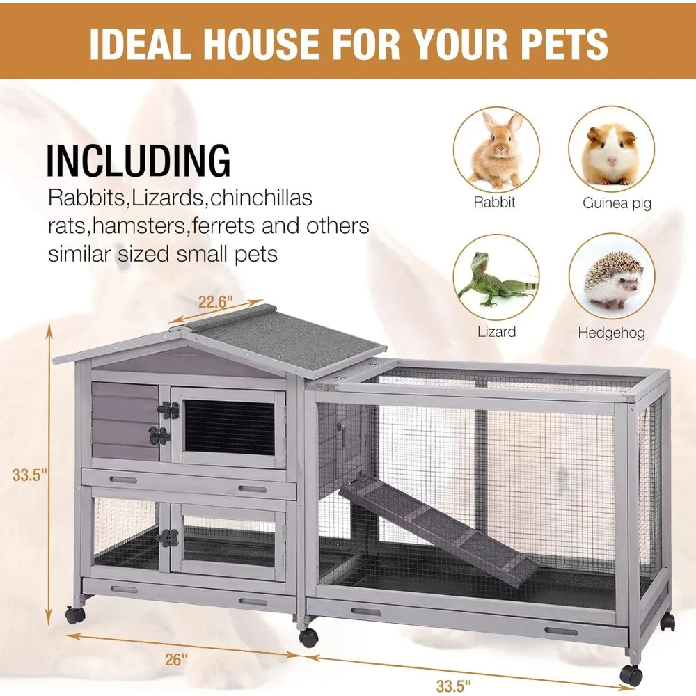 Indoor and Outdoor Rabbit Hutch with Casters Waterproof Roof