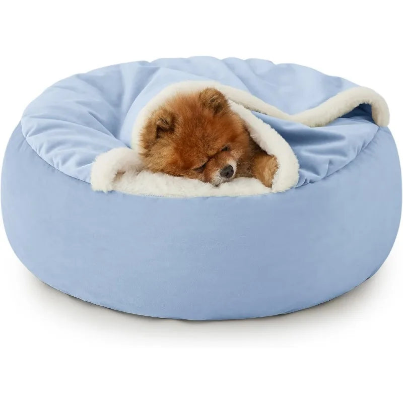 Covered Round Puppy/Cat  Bed with Hooded Blanket