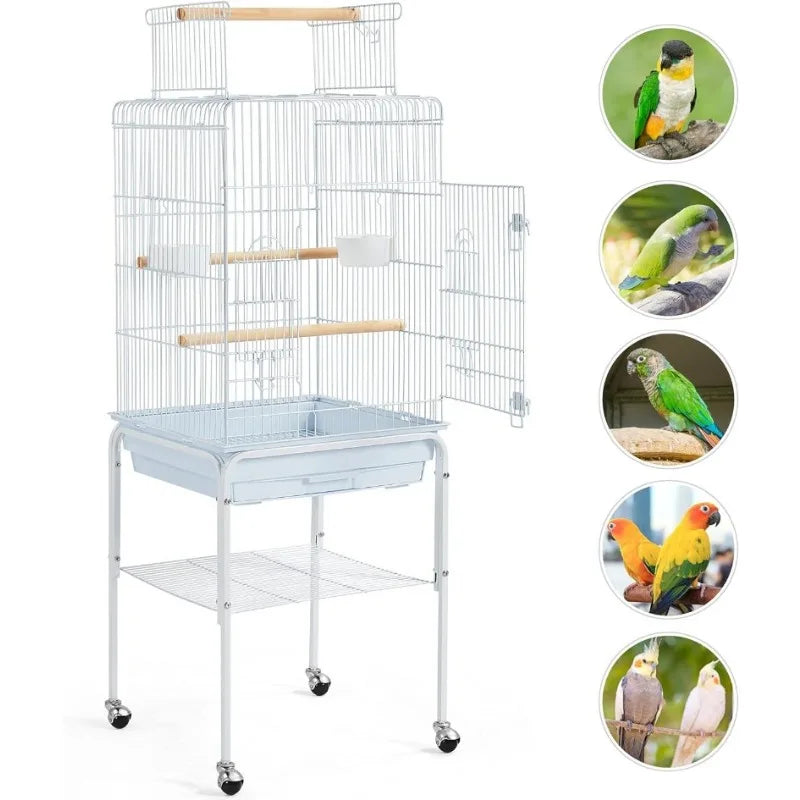 Play Open Top Parrot Bird Cages for Sun  w/Detachable Rolling Stand, White