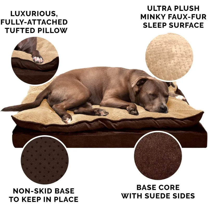 Orthopedic Dog Bed for Large Dogs w/ Pillow Cushion Top & Removable Washable Cover, For Dogs Up to 95 lbs - Minky Plush & Suede