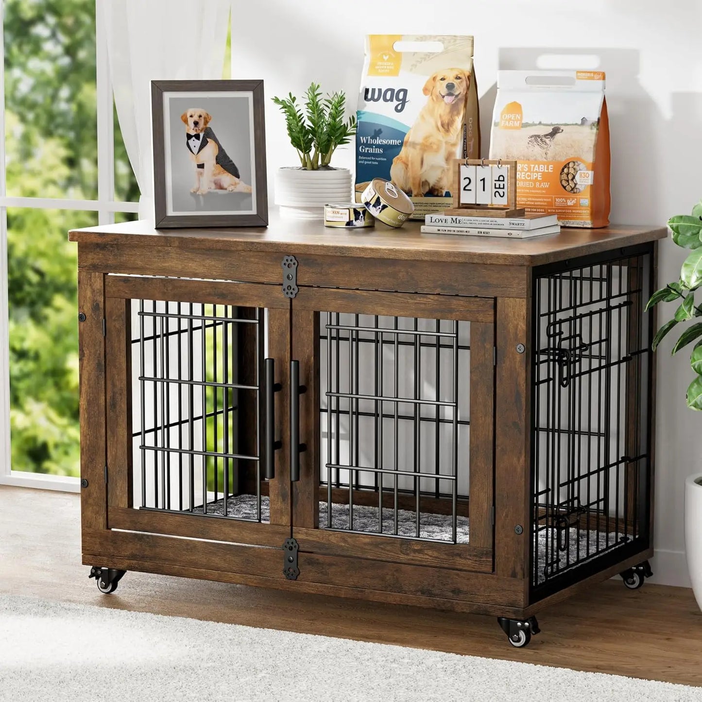 Dog Cage with Wheels, Dog House Side End Table for Small Medium Dogs up to 45 lb, 32.5” L, Rustic Brown