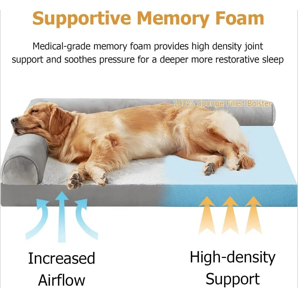 L Shaped Memory Foam Waterproof Dog Bed with Washable Cover, Nonskid Bottom