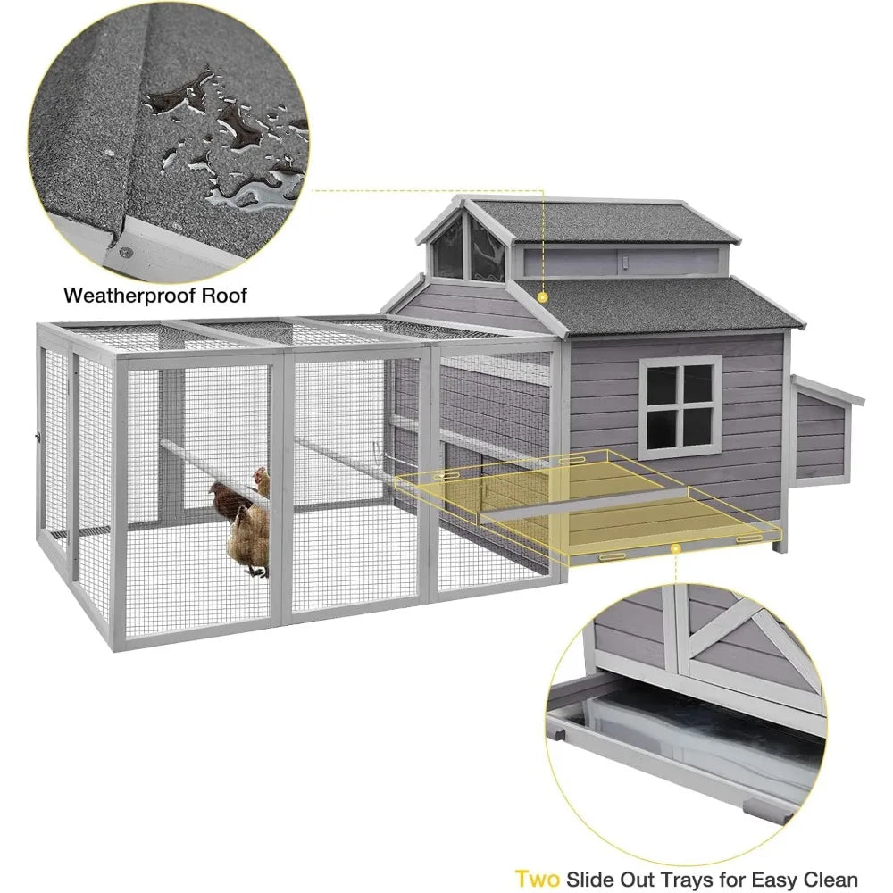 Chicken Coop, 115", Wooden Poultry Cages W/Nesting Boxes, Run