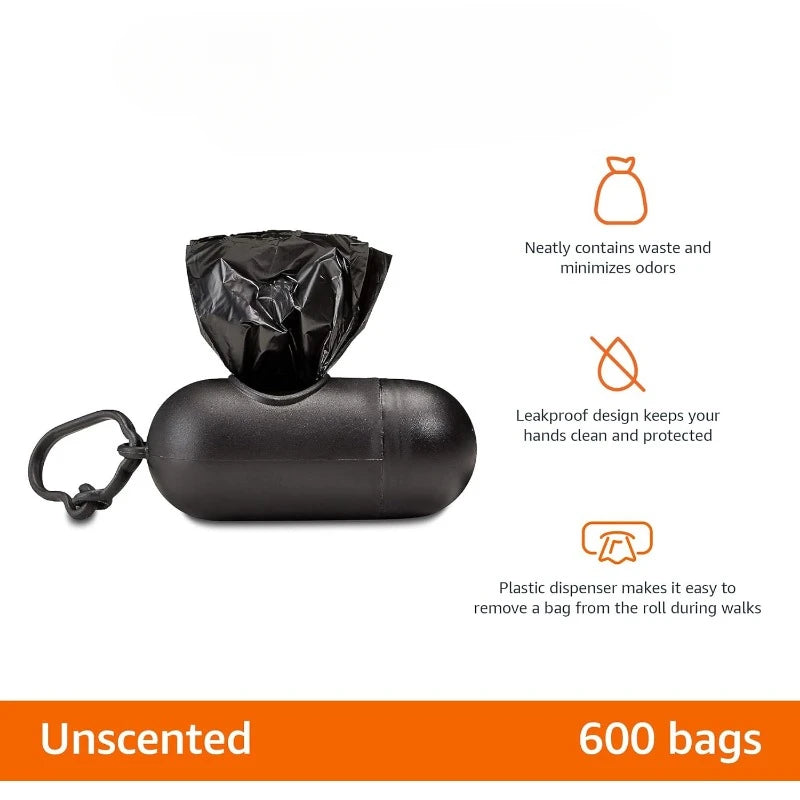 Black Poop Bags With Dispenser and Leash Clip, Unscented, 600 Count, 40 Pack of 15