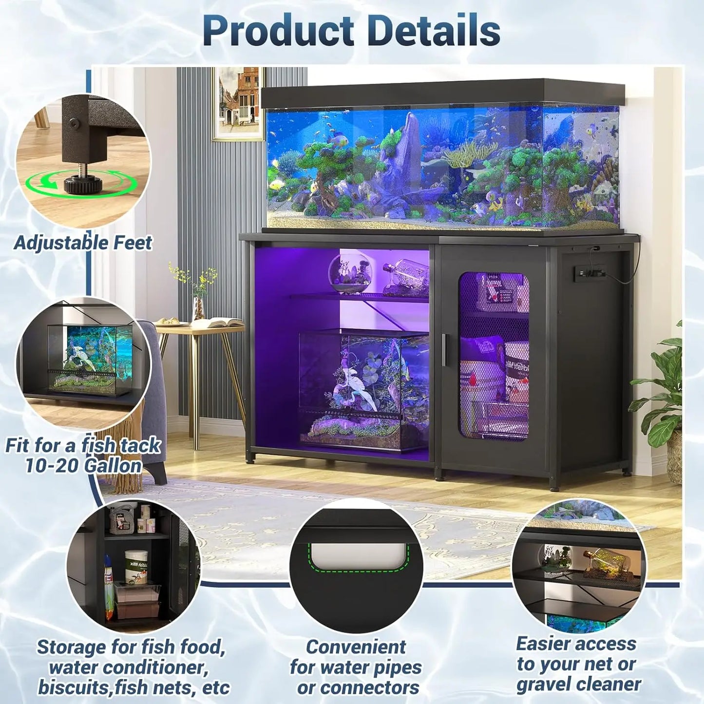 55-75 Gallon Aquarium Stand with Power Outlets & LED Light, Reversible Fish Tank Stand with Cabinet