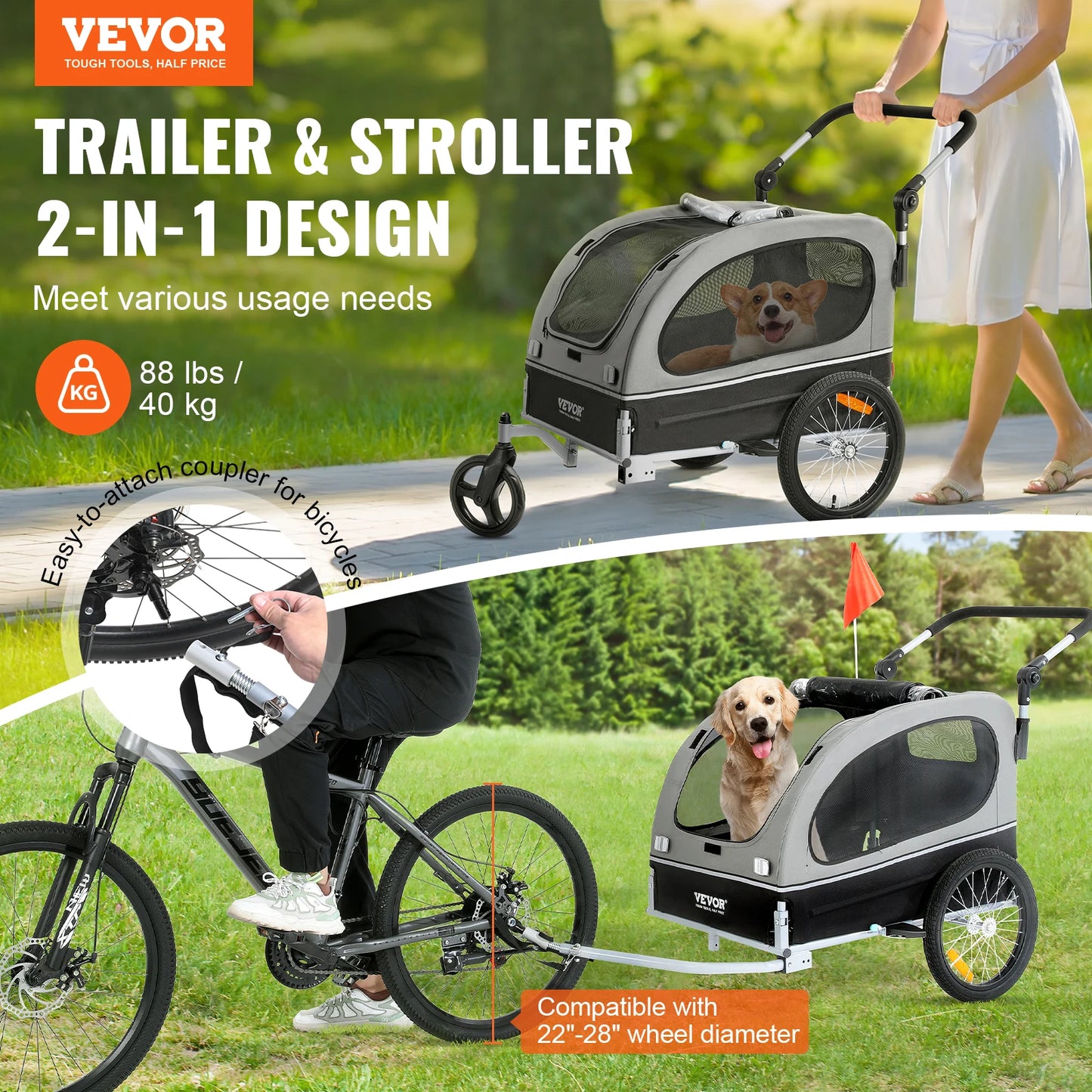 88 lbs 2-in-1 Pet Stroller Cart Dog Bike Trailer with Wheels