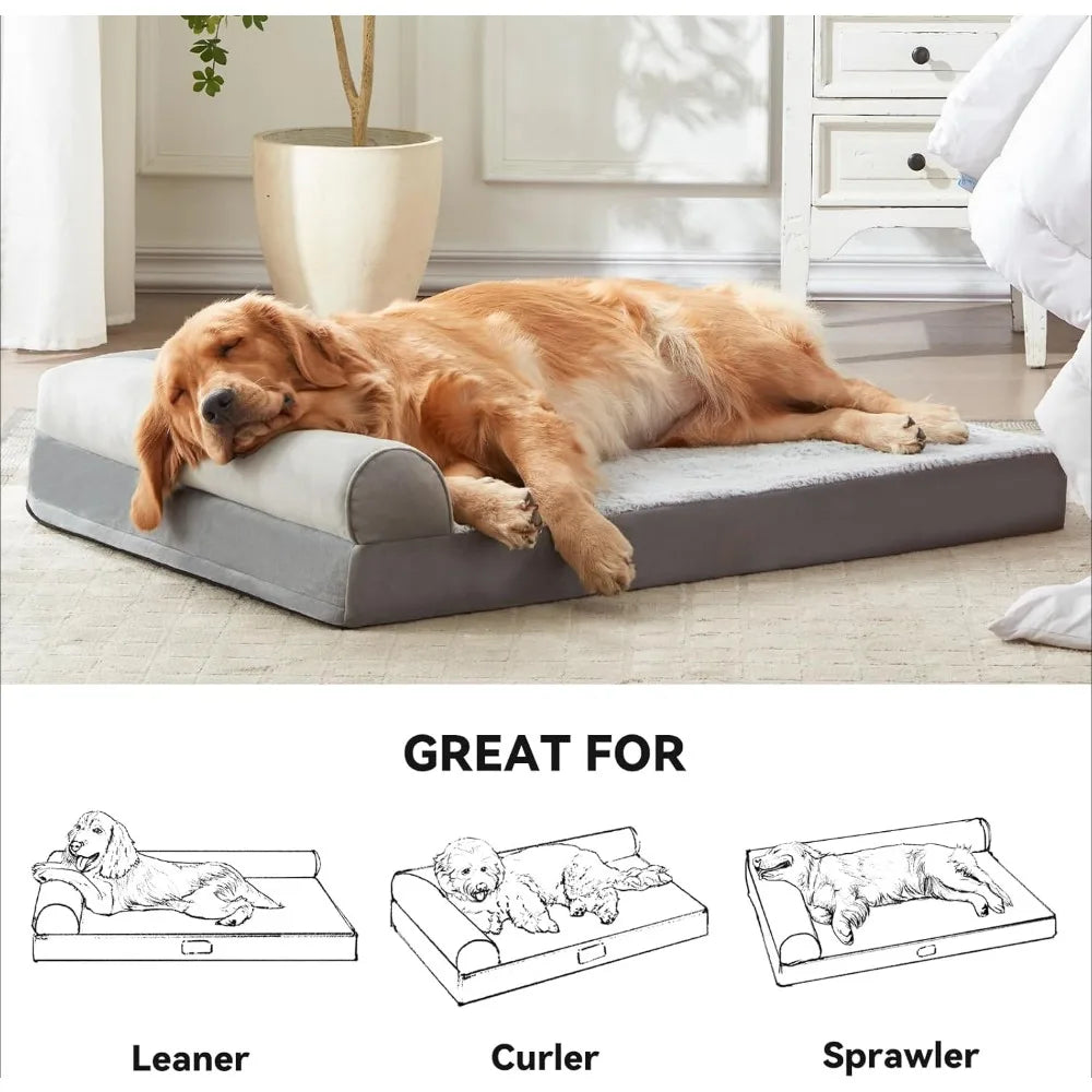 L Shaped Memory Foam Waterproof Dog Bed with Washable Cover, Nonskid Bottom