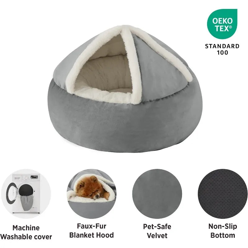 Covered Round Puppy/Cat  Bed with Hooded Blanket