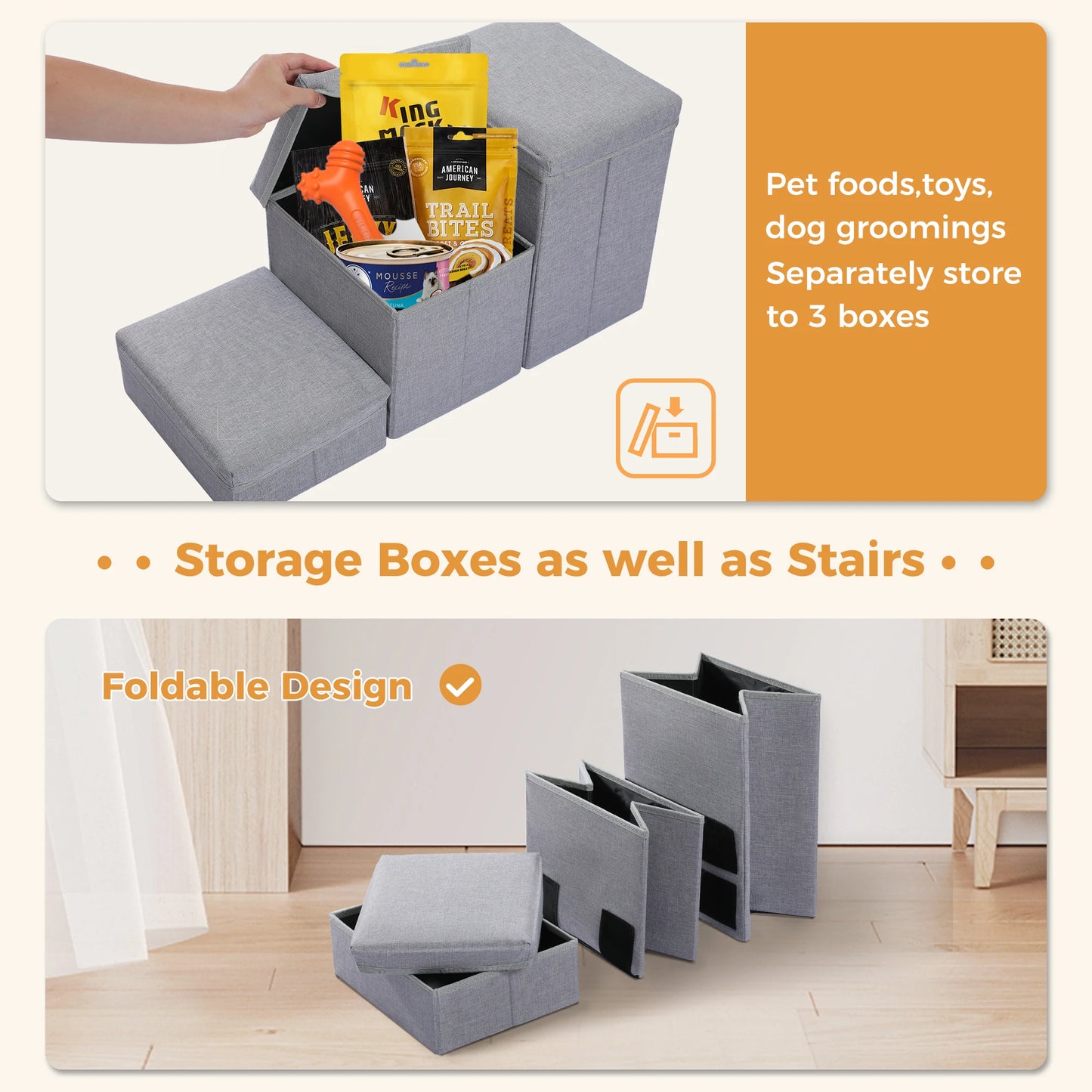 3-Tier Dog Stairs for Small Foldable Pet Stair with Storage Box, Non-Slip