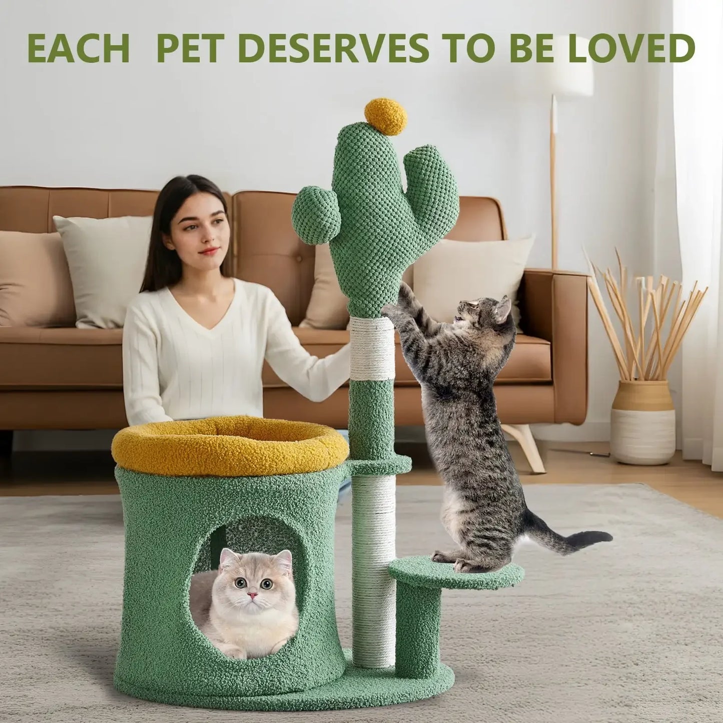 Cat Scratching Tower with Cactus