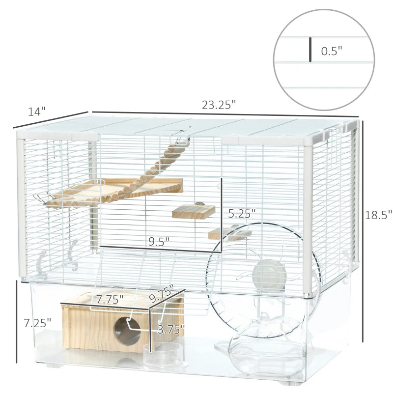 Hamster Cage, Transparent Gerbil Cage, Wooden Ramp,23.25" x 14" x 18.5", White