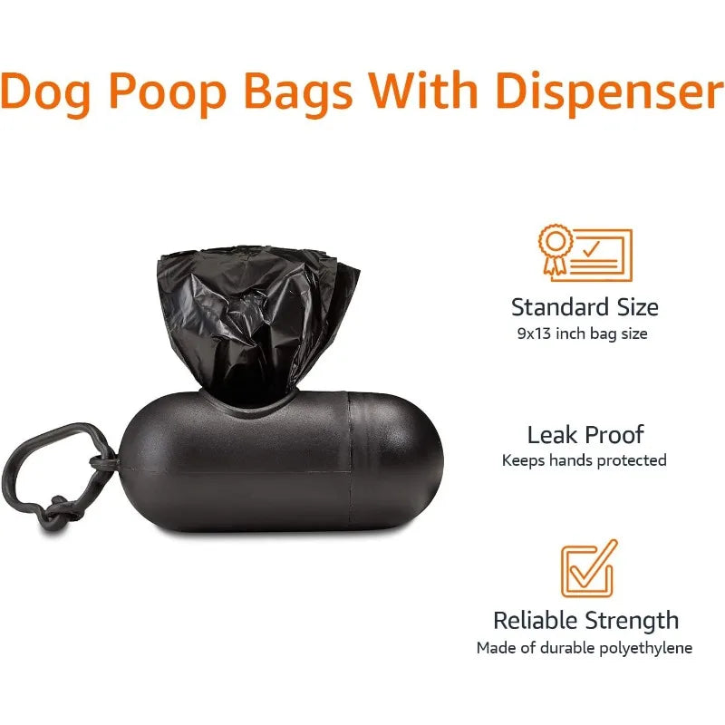 Black Poop Bags With Dispenser and Leash Clip, Unscented, 600 Count, 40 Pack of 15