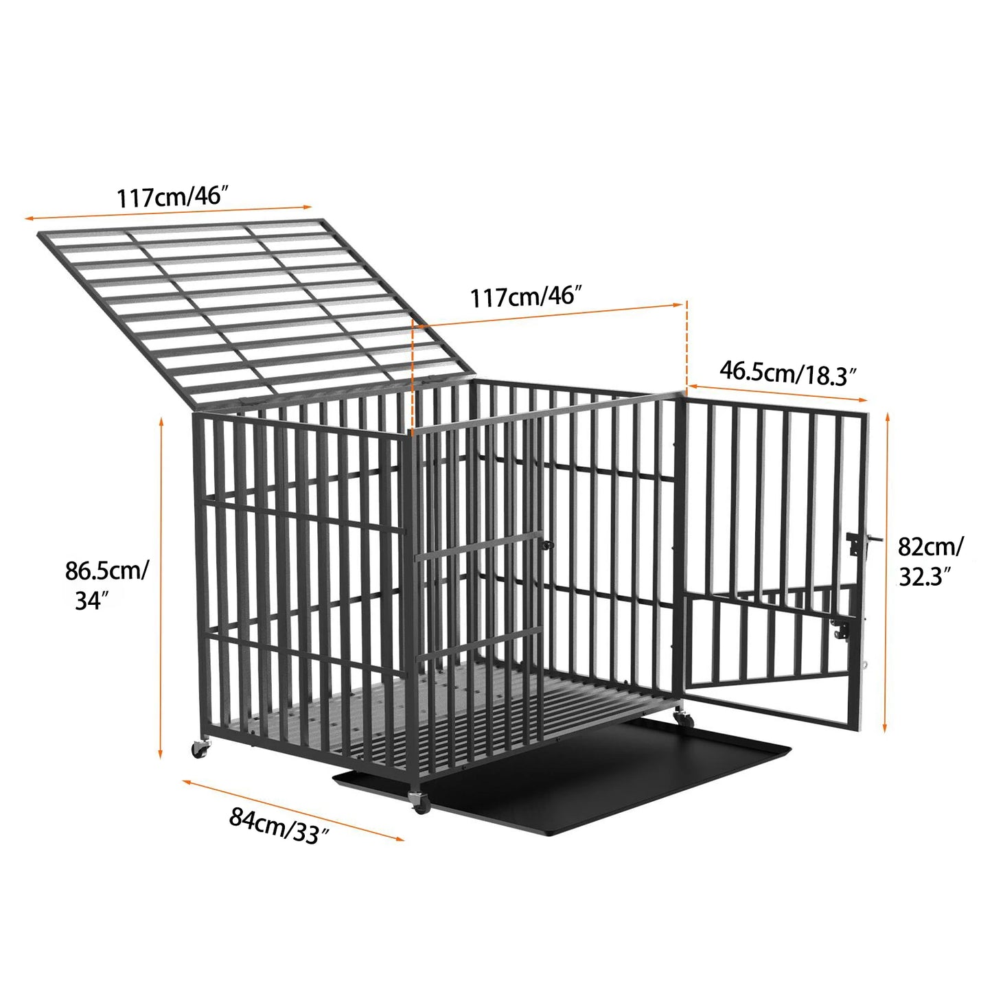 Heavy Duty Dog Crate with 4 Lockable Wheels 3 Doors and Removable Tray Metal Kennels