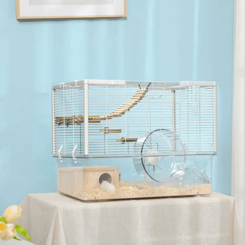 Hamster Cage, Transparent Gerbil Cage, Wooden Ramp,23.25" x 14" x 18.5", White