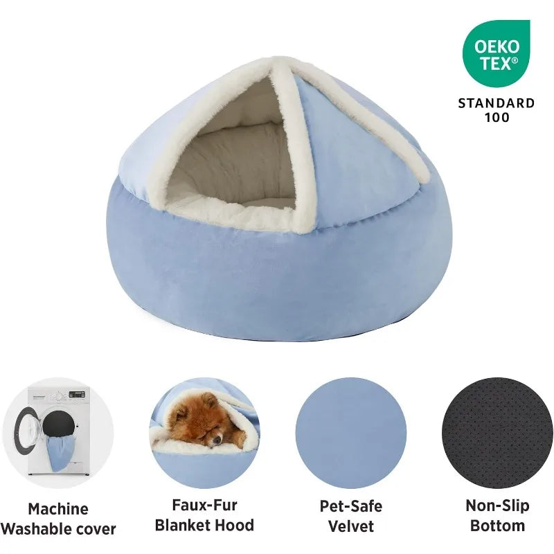 Covered Round Puppy/Cat  Bed with Hooded Blanket