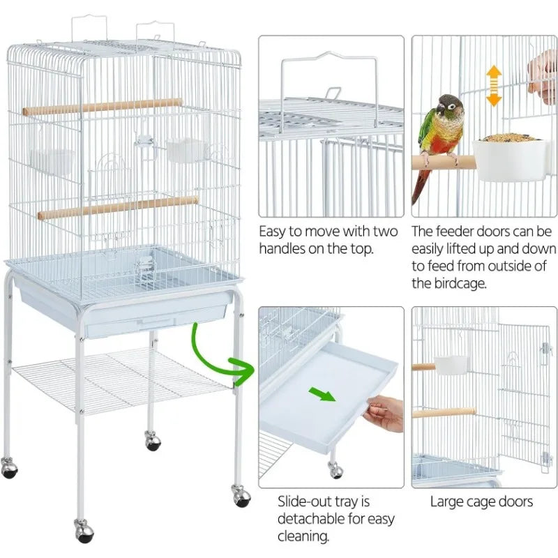 Play Open Top Parrot Bird Cages for Sun  w/Detachable Rolling Stand, White