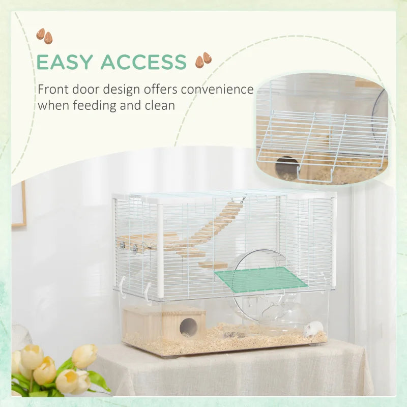 Hamster Cage, Transparent Gerbil Cage, Wooden Ramp,23.25" x 14" x 18.5", White