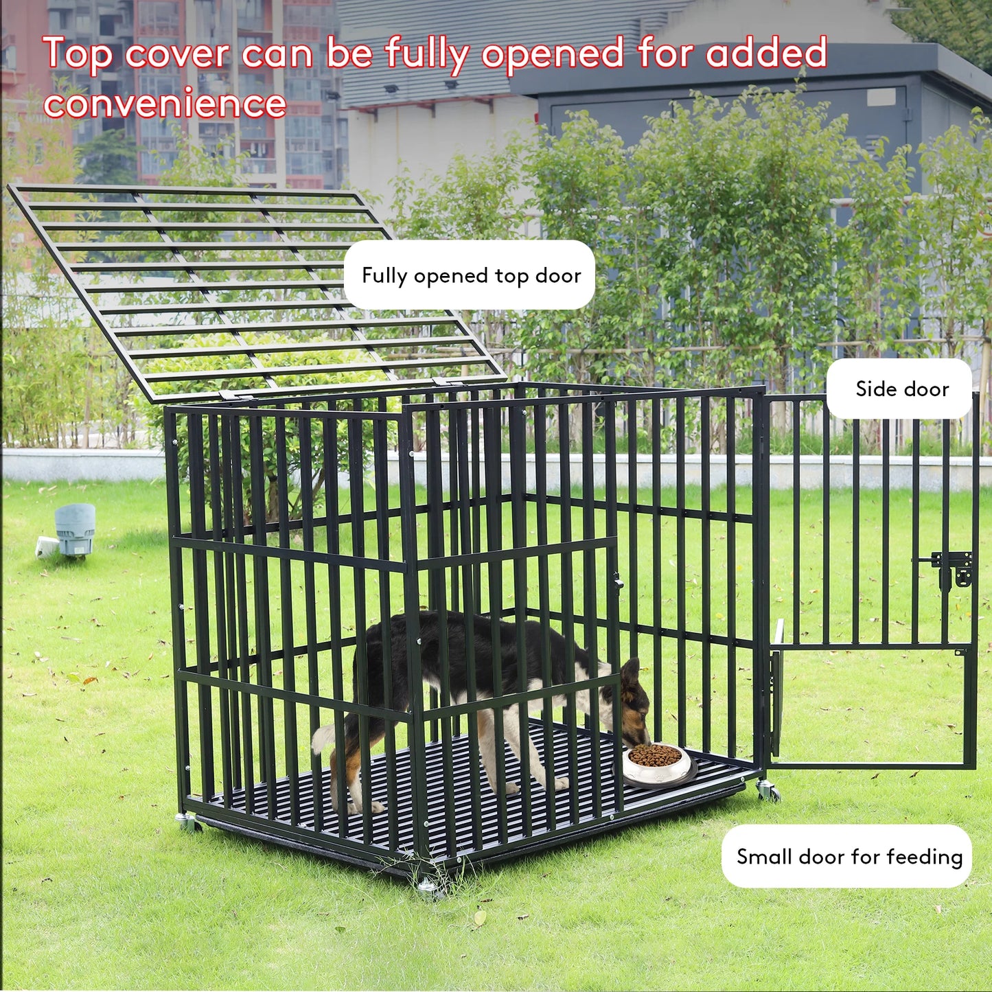 Heavy Duty Dog Crate with 4 Lockable Wheels 3 Doors and Removable Tray Metal Kennels