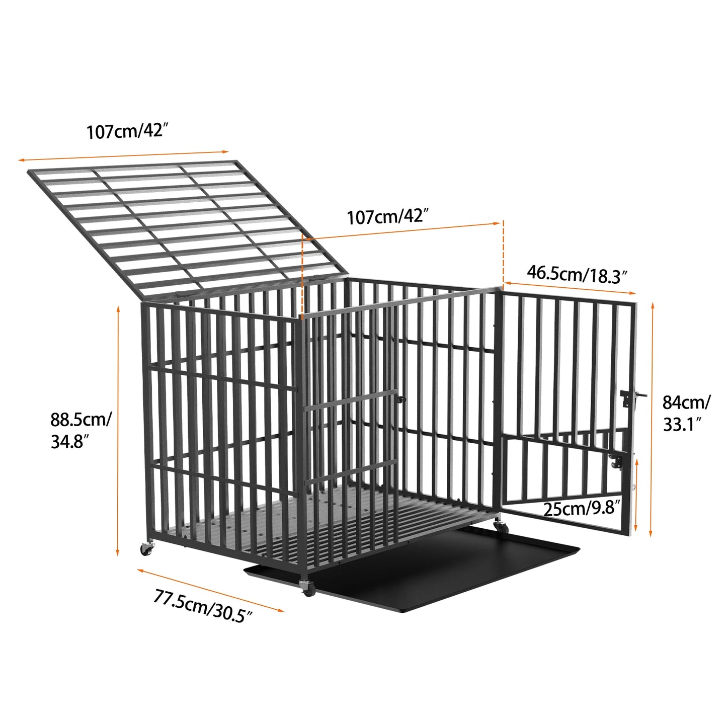 Heavy Duty Dog Crate with 4 Lockable Wheels 3 Doors and Removable Tray Metal Kennels