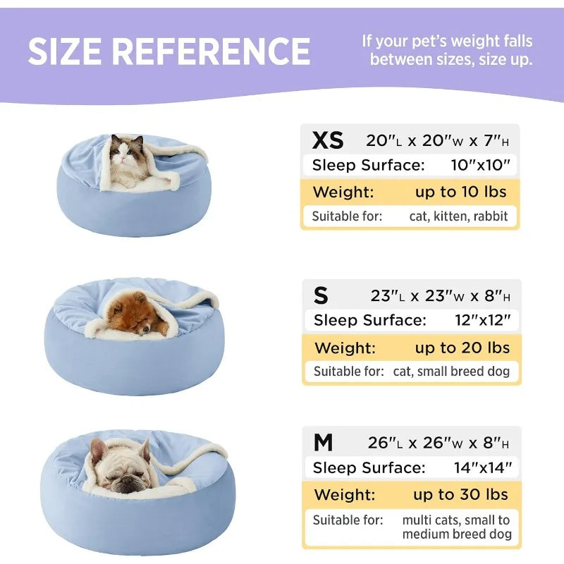 Covered Round Puppy/Cat  Bed with Hooded Blanket