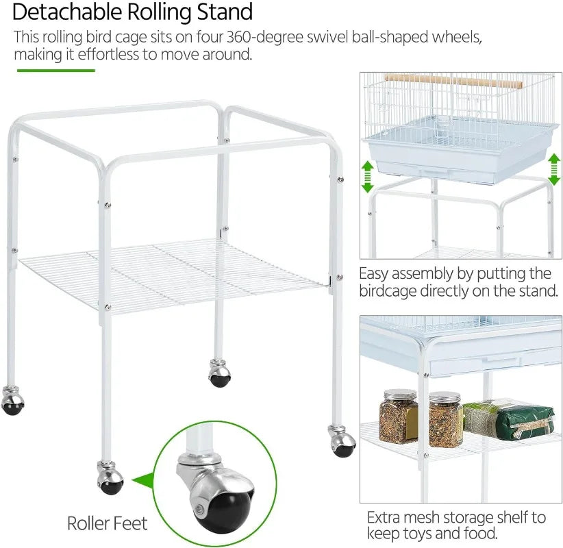 Play Open Top Parrot Bird Cages for Sun  w/Detachable Rolling Stand, White