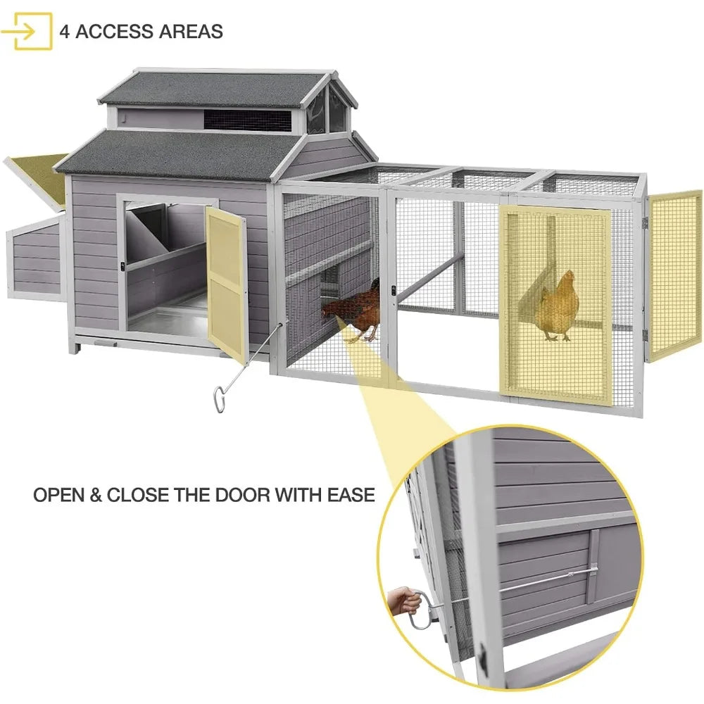 Chicken Coop, 115", Wooden Poultry Cages W/Nesting Boxes, Run