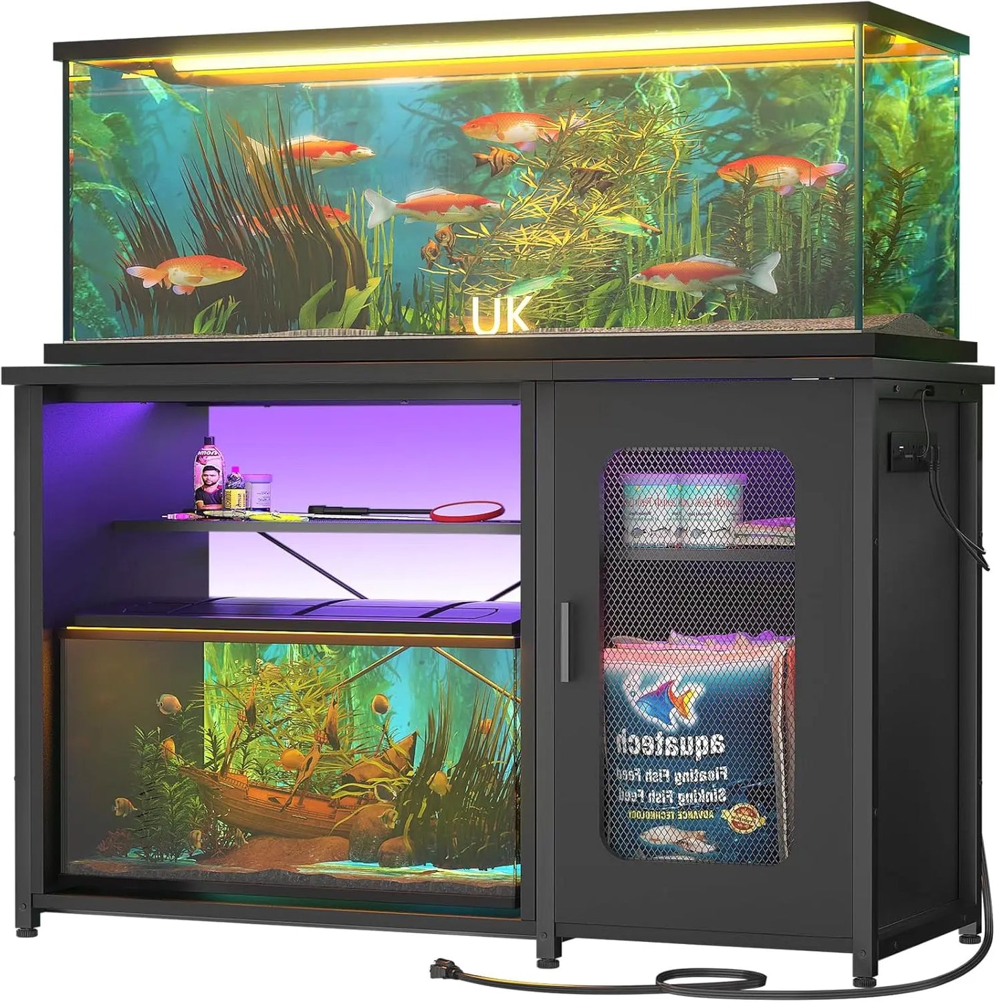 55-75 Gallon Aquarium Stand with Power Outlets & LED Light, Reversible Fish Tank Stand with Cabinet