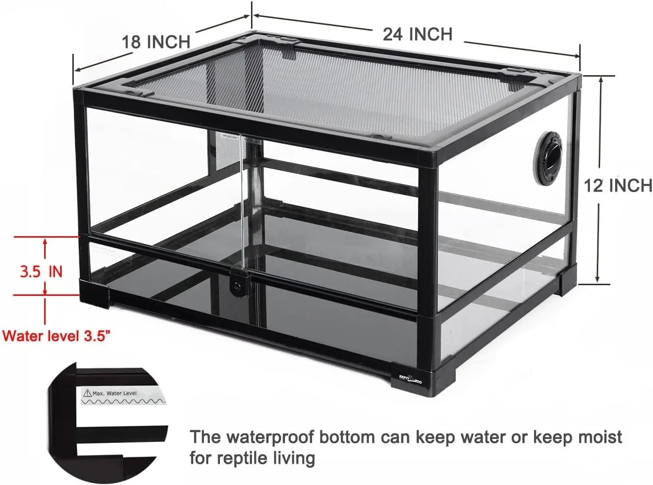 Reptile Tank Front Opening Reptile Terrarium 24" x 18"x 12" Double Hinged Opening Doors Top Screen