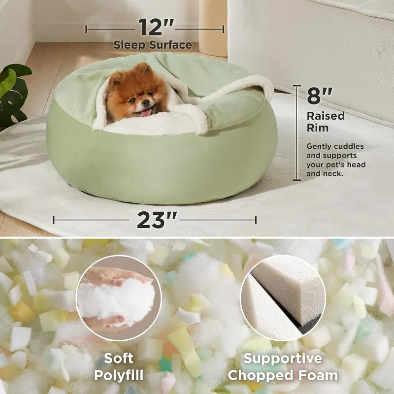 Covered Round Puppy/Cat  Bed with Hooded Blanket